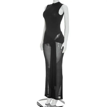 Sibybo Sleeveless Sheer Mesh Patchwork Women Jumpsuit Black Backless Ribbons High Stretch Bodycon Rompers Female Party Clubwear