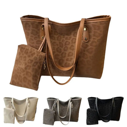 Vintage Leopard Print Women Tote Bag PU Leather Large Capacity Underarm Bag with Mini Bag Briefcase Bags