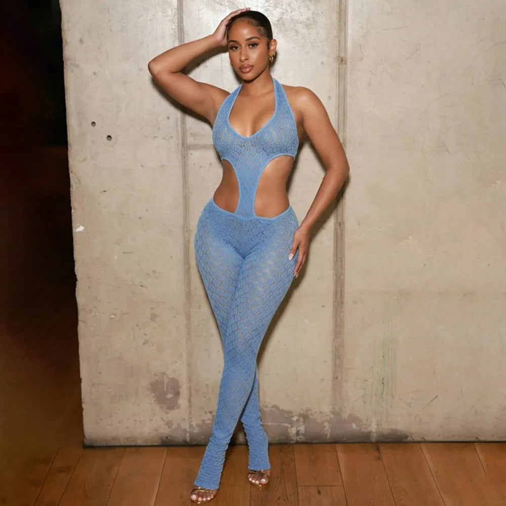 FLARORA Sexy Hollow See Through Jumpsuits Woman Trend Halter V Neck Sleeveless Backless Bandage Jumpsuit Hottie Street Overalls