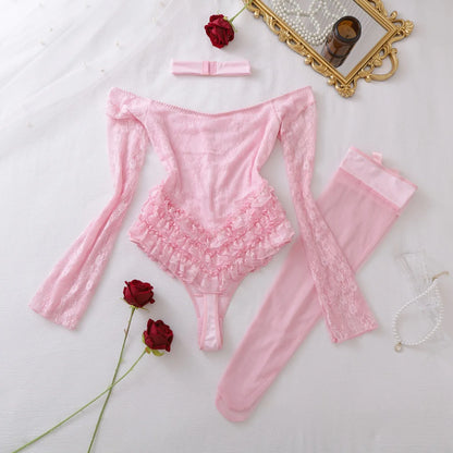 SINGREINY Off Shoulder Hotsweet Sexy Bodysuits Women Long Sleeves Ruffles Sweet Rompers Hollow Out Floral Lace Pink Playsuits