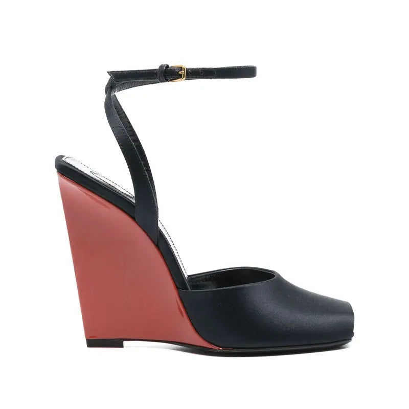 Ankle Strap Patent Leather Peep Toe Summer Women Sandals Wedges High Heel Buckle Strap Design Large Size Fashion Show Shoes