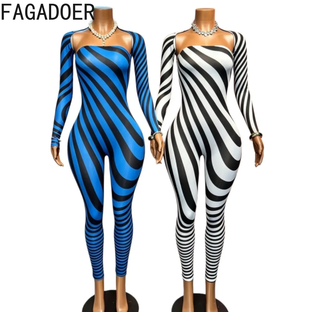 FAGADOER Women Striped Print 2 Piece Set Strapless Bodycon Jumpsuit + Long Sleeve Shrug Matching Tracksuits Club Y2K Streetwear