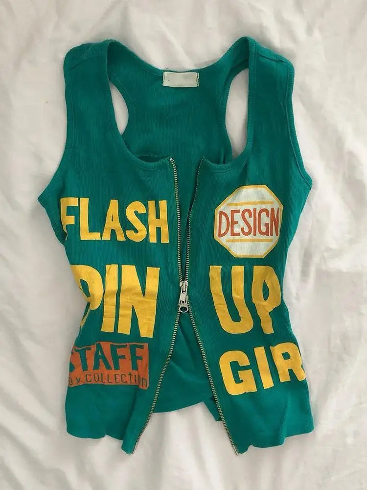 Y2k Aesthetic Letter Print Casual Tank Top Summer Women Streetwear Slim Fit Vest Harajuku Grunge Vintage Dual Zippers Camisole
