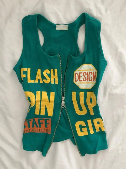 Y2k Aesthetic Letter Print Casual Tank Top Summer Women Streetwear Slim Fit Vest Harajuku Grunge Vintage Dual Zippers Camisole