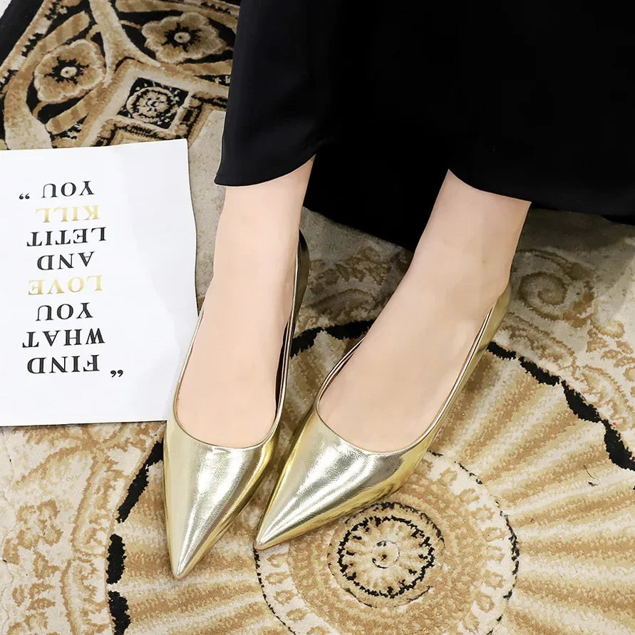 Women Comfortable 3.5cm High Heels Shallow Pointed Toe Work Pumps Lady Glossy Leather Low Heels 2024 Luxury Brand Designer Shoes