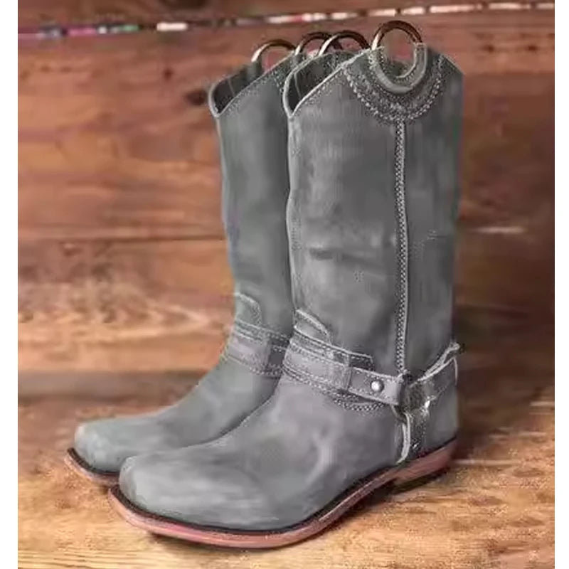 Men's Retro Chunky Heels Western Cowboy Mid-Calf Boots 2026 Buckle Strap Low Heel Vintage Biker Boots Casual Riding Footwear