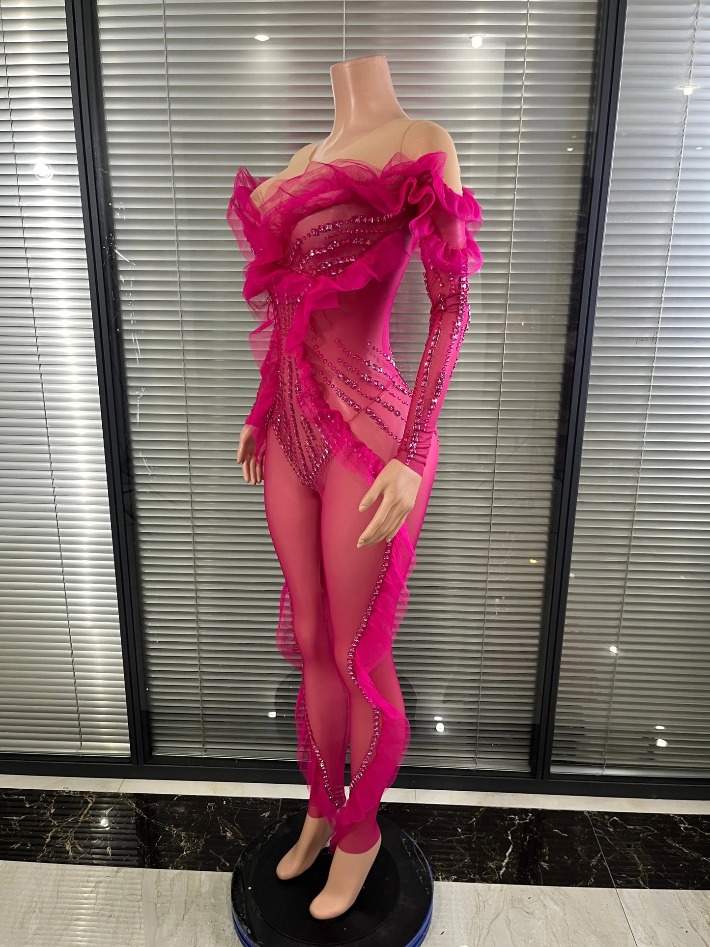 Luxury Rhinestone Mesh Bodysuit Ruffle Frill and Asymmetrical Design Formal Events Photoshoots Stage Performance Party Outfit