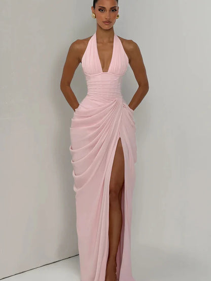 Sexy Solid Pleated Halter Dress Women Fashion Sleeveless Backless Waist-cinching Split Maxi Dresses 2026 Summer Lady Party Gowns