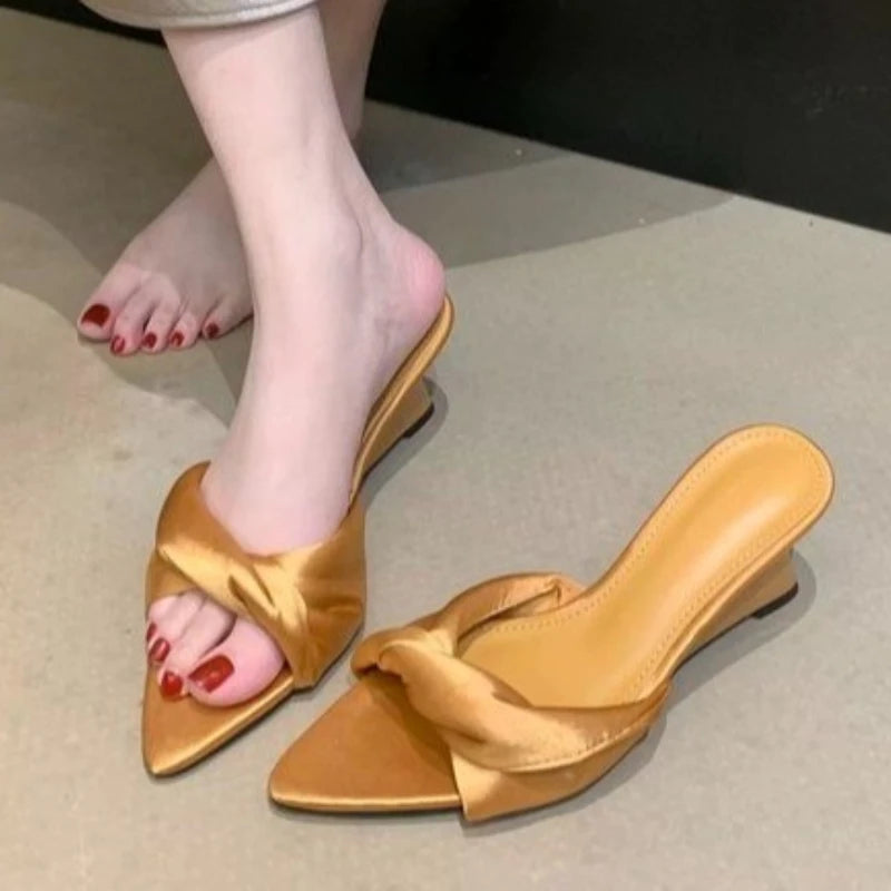 Pointed Toe Women Slippers Wedges Mid Heels Shoes Designer Elegant Pumps Summer 2026 New Sandals Fashion Slides Flip Flops Lady