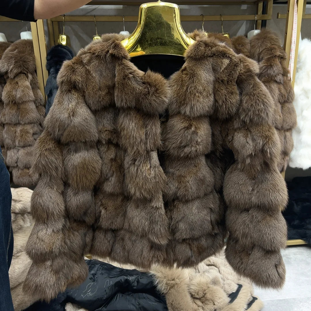 HUA QIU MEI SI Women's Natural Fox Fur Jacket with Fox Collar for Winter Warmth, Short Style Real Fox Fur Leather Jacket