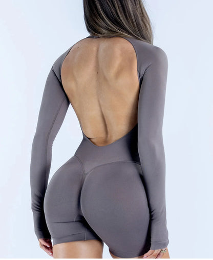Denyf New-Women Activewear Bodysuit One Piece Backless Long Sleeve Short Leggings Seamless High Stretch for Yoga Run Gym Fitness
