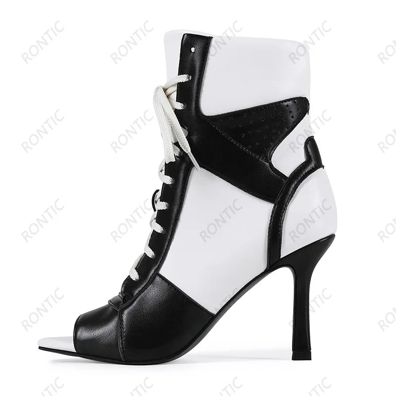 Rontic Women Red Black Color Block Peep Toe Ankle Booties, Lace Up Stiletto Heel Cutout Patchwork Fashion Open Toe Party Shoes