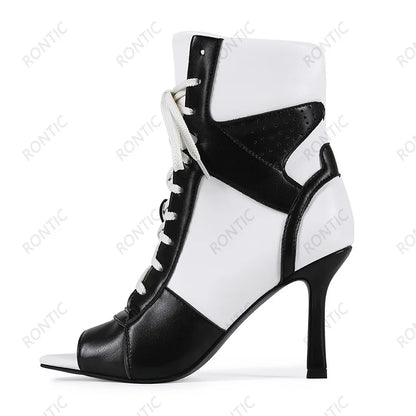 Rontic Women Red Black Color Block Peep Toe Ankle Booties, Lace Up Stiletto Heel Cutout Patchwork Fashion Open Toe Party Shoes