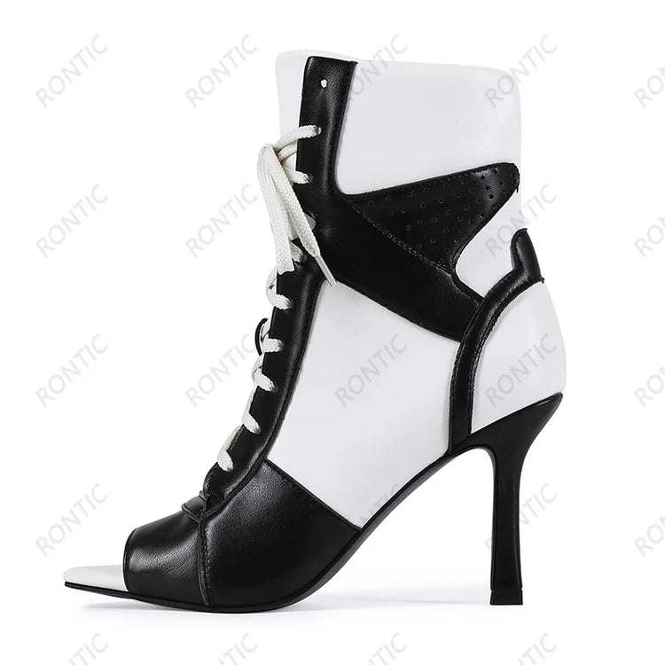 Rontic Women Red Black Color Block Peep Toe Ankle Booties, Lace Up Stiletto Heel Cutout Patchwork Fashion Open Toe Party Shoes