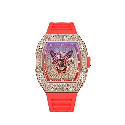 Tonneau Hollow Diamond Leopard Dial Quartz Watch Men Luxury Luminous Fashion Waterproof Rubber Sport Watches Men Steel Men Clock