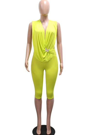 Kricesseen Sexy Solid Sleeveless V Neck Short Jumpsuit Women Summer Bodycon Capri Romper Butterfly Buckle Club Outfit Streetwear