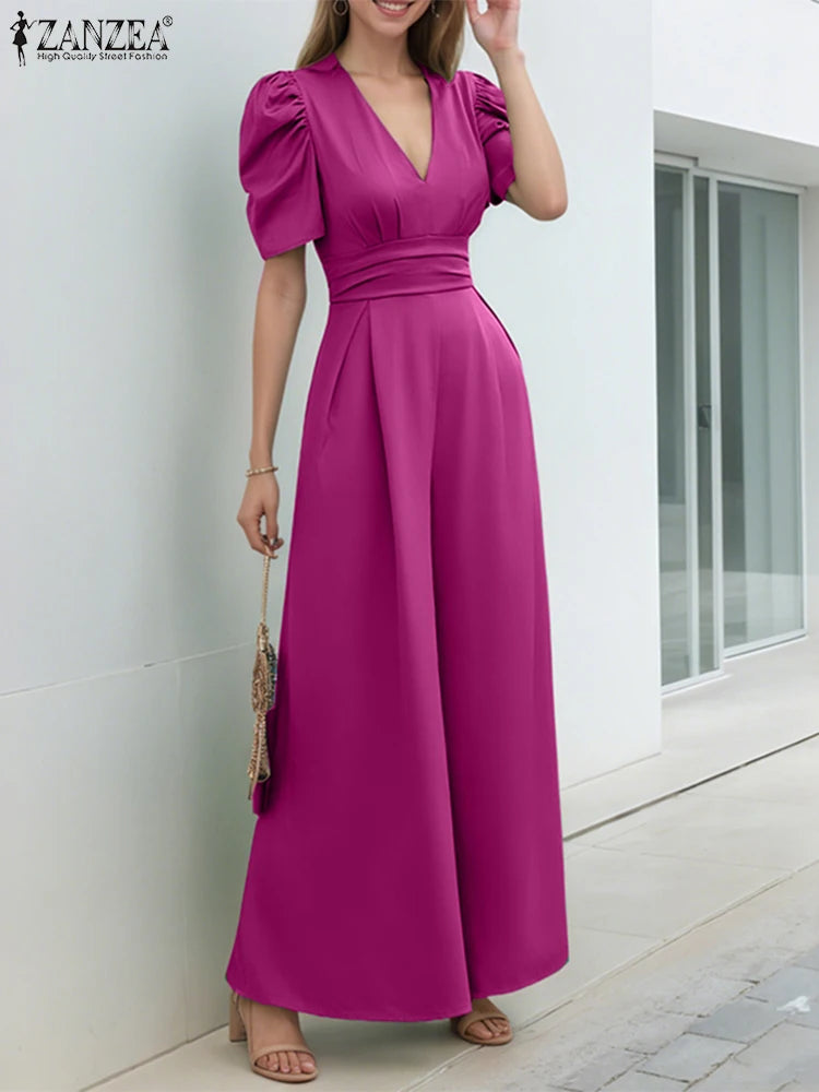ZANZEA Elegant Office Jumpsuits Women Overalls 2025 Fashion Casual Loose Short Sleeve Playsuits Solid Color Wide Leg Jumpsuits