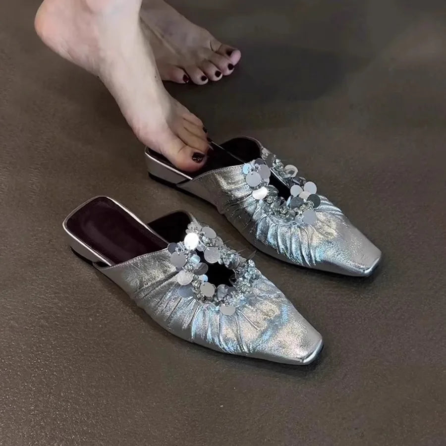 Women Mules Shoes Bling Flats Square Toe Slippers Elegant New 2025 Summer Sandals Dress Party Luxury Woman Slingback Shoes Mujer