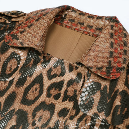 2102 High-quality Spring And Autumn Snake Skin Leopard Print Long Sleeved Leather Belt Temperament Coat Women's Trench Coat