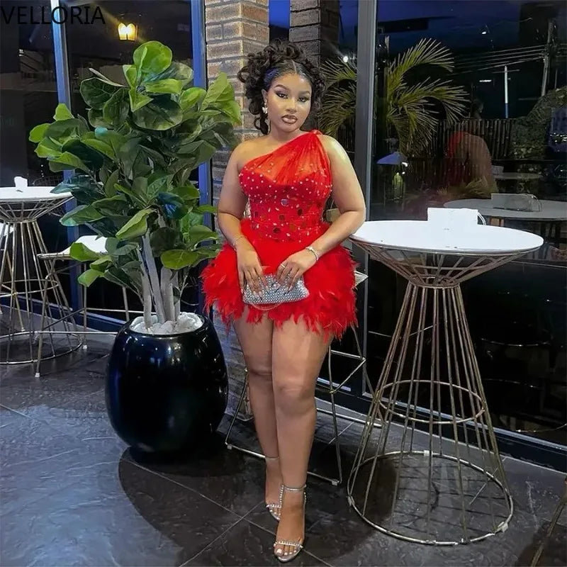 Sexy Red Birthday Dress Mini Luxury Feather Hem One Shoulder Rhinestone Corset Cocktail Party Gowns Night Clubwear Customized