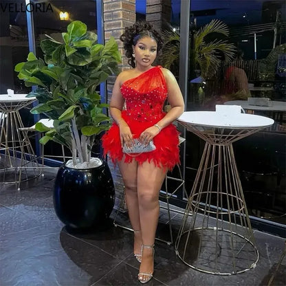 Sexy Red Birthday Dress Mini Luxury Feather Hem One Shoulder Rhinestone Corset Cocktail Party Gowns Night Clubwear Customized