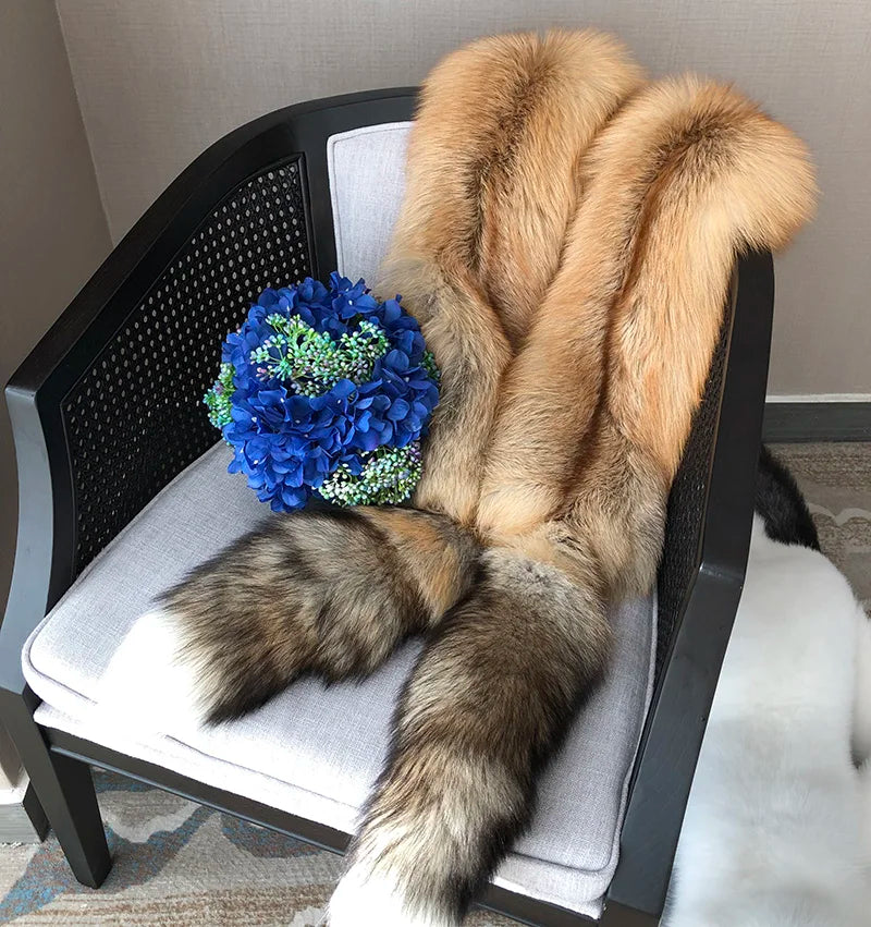 MS.Minshu Long Natural Fox Fur Scarf  Genuine Fur Boa Whole Fox Stole with Tails
