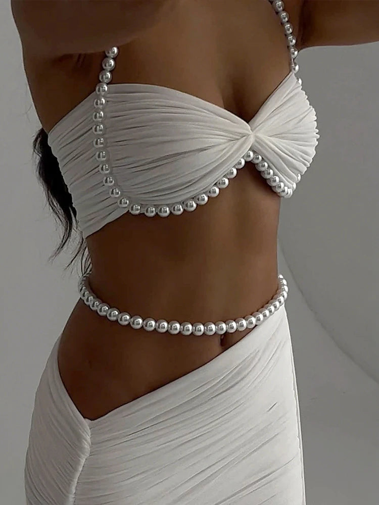 Weird Puss Sexy Bead Patchwork 2-Piece Set Women Ruched Halter Bra+Waistless Bottom Matching Elegant Beach Vacation Slim Outfits