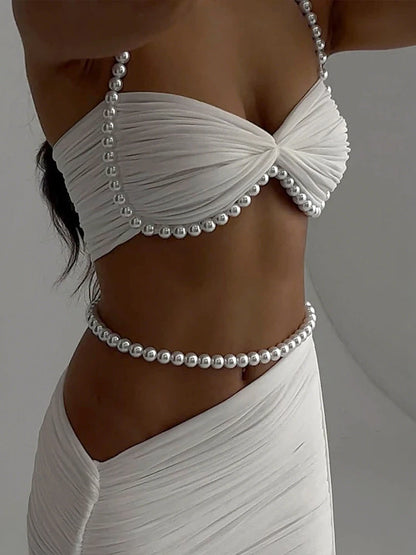 Weird Puss Sexy Bead Patchwork 2-Piece Set Women Ruched Halter Bra+Waistless Bottom Matching Elegant Beach Vacation Slim Outfits