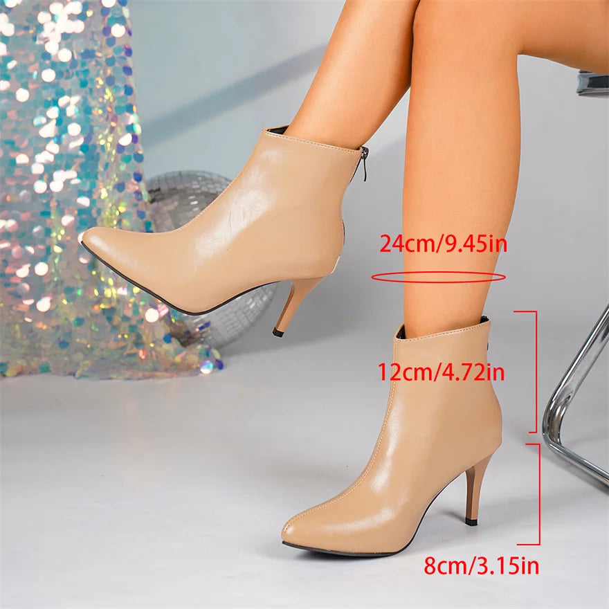 New Winter Soft PU Leather Women Ankle Boots Pointy Toe Side Zipper High Heels Stiletto Shoes Black Sexy Ladies Work Boots Party