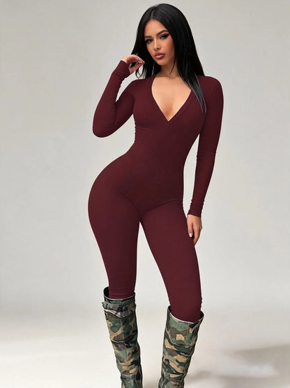 Women High Stretch Ribbed Knit Long Sleeve Jumpsuit Deep V Neck Slim Fit Tight Full Length Bodysuit Pants Casual Club Outfit