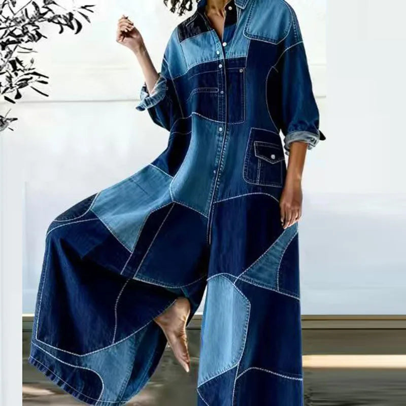 Red Heart Print Wide Leg Jumpsuits Woman Turn-down Collar Button Shirt Rompers Spring Long Sleeve Loose Imitation Denim Overalls