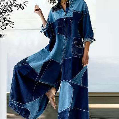 Red Heart Print Wide Leg Jumpsuits Woman Turn-down Collar Button Shirt Rompers Spring Long Sleeve Loose Imitation Denim Overalls