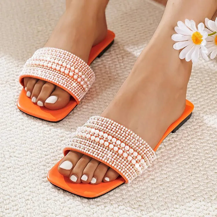 Women's Flat Bottom Sandals 2025 Summer New Style Beaded Rhinestone Shoes Womens Outdoor Fashion Slippers