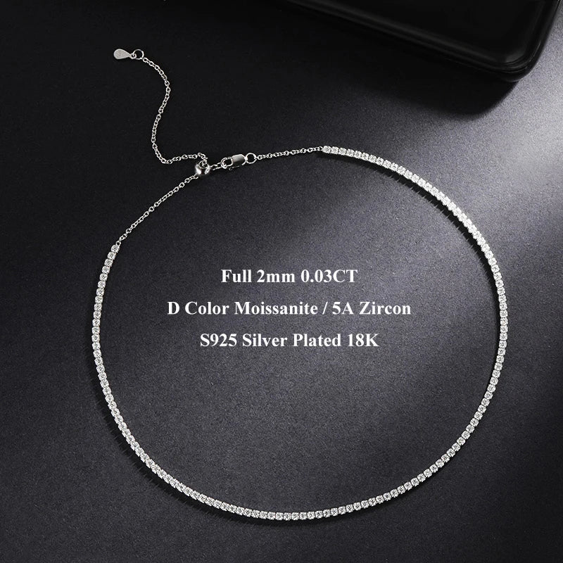 EWYA Adjustable Full 2mm 0.03CT D Color Moissanite Tennis Necklace for Women 925 Silver Plated 18K Gold Choker Neck Chain Gift