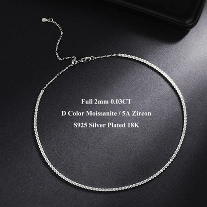 EWYA Adjustable Full 2mm 0.03CT D Color Moissanite Tennis Necklace for Women 925 Silver Plated 18K Gold Choker Neck Chain Gift