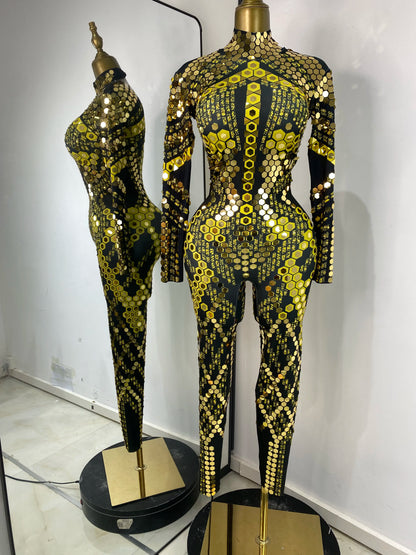 Women Performance Costumes Printed Sequines Rhinestones Spandex High Elastic Bodycon Jumpsuits Nightclub Evening Party Dress