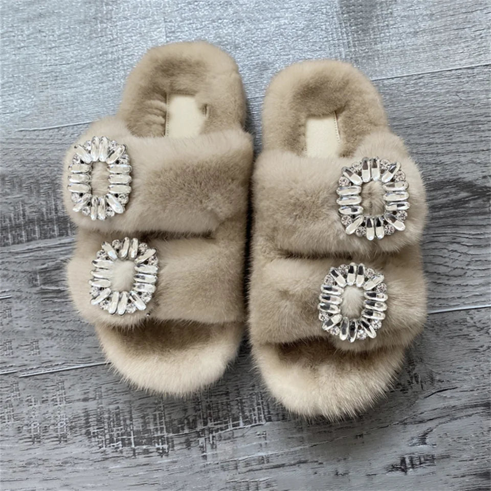 2025 New Women Fur Slippers Shoes Women Warm Winter Crystal Fur Shoes For Women Slippers Casual Plush Comfortable Mink Slippers