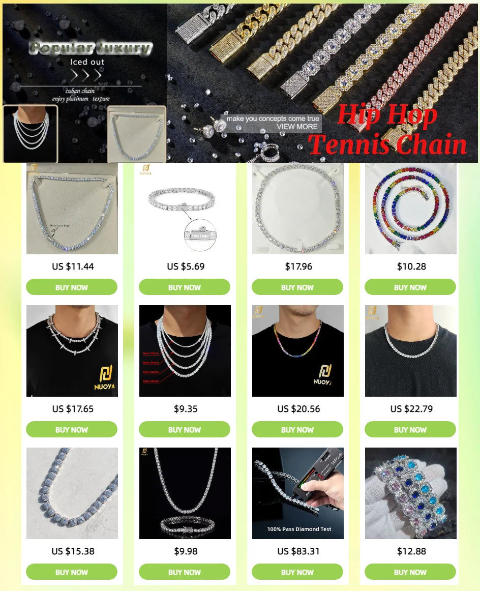 NUOYA Hip Hop Moissanite Tennis Necklace Ice Out VVS1 Diamond Chain Sparkling Jewelry Luxury Gifts for Men and Women