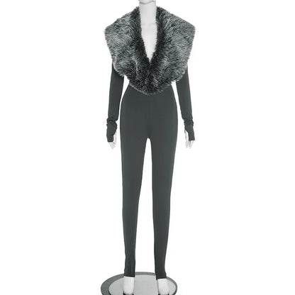 Sexy Bodycon Jumpsuits Women Faux Fur Collar Cut Out Long Sleeve Slim Fit One Piece Rompers Party Streetwear 2025 Fall Winter