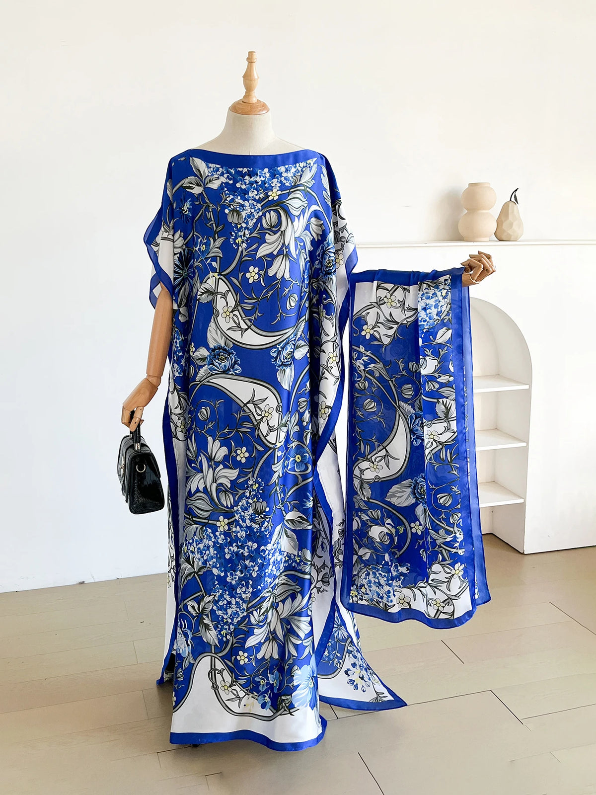 Vintage Curly Vine Floral Print Satin Abaya Scarf Set, Loose Batwing Kaftan For Muslim Women Summer Daily Beach Holiday Wear