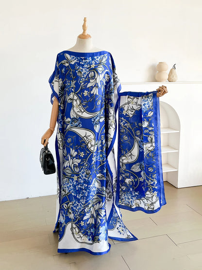 Vintage Curly Vine Floral Print Satin Abaya Scarf Set, Loose Batwing Kaftan For Muslim Women Summer Daily Beach Holiday Wear