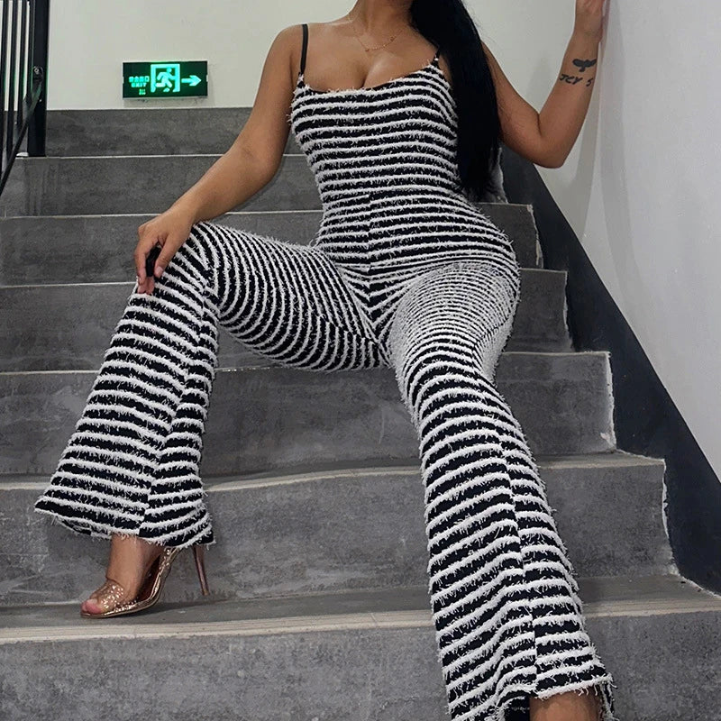 OMSJ New Style Backless Jumpsuits For Women Sexy Camisoles High Waist Hip Lifting Striped One-piece Rompers Flare Pants Clubwear