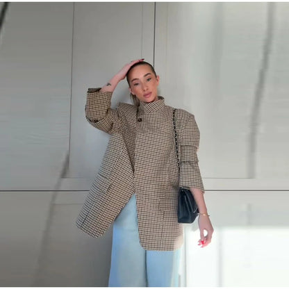 Plaid Cropped Trench Coat Lapel Collar Double Breasted Belted Waist Long Sleeve Women All-match Coats 2026 Autumn Commute Outfit
