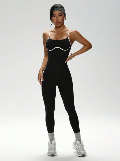 U-Back Contrast Trim Yoga Bodysuit Adjustable Thin Strap One Piece Workout Jumpsuit High Stretch Butt Lifting Gym Fitness Romper
