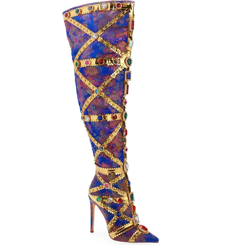 Multicolor Gemstone Gold Trim Stitched Stiletto Thigh Boots 2026 Pointed Toe Knee High Boots Fashion Shoes for Party Wedding