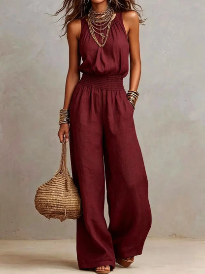 Women's Halter Neck Smocked Linen Blend Jumpsuit Waist Wide Leg Long Romper Casual Sleeveless Summer Beach Vacation Jumpsuits