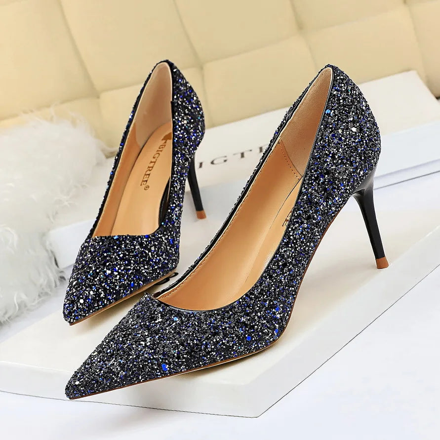 Women 7cm 9.5cm High Heels Pumps Wedding Bridal Scarpins Sparkly Mid Heels Lady Party Sequins Glitter Evening Gold Silver Shoes