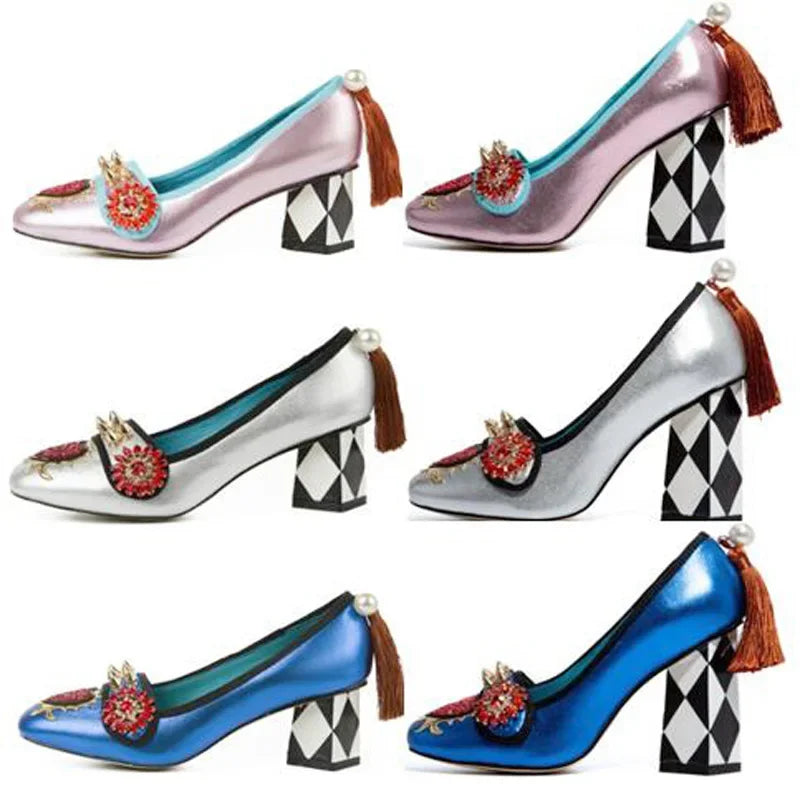 royal red heart crystal rivets Studs Pumps back pearl with tassel rhombus Square Heel Women Slip On mary jane Shoes