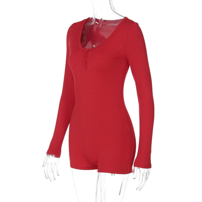Hugcitar Spring Ribbed Solid Square Collar Long Sleeve Buttons Sexy Bodycon Skinny Playsuit Women Casual Romper Streetwear Sport