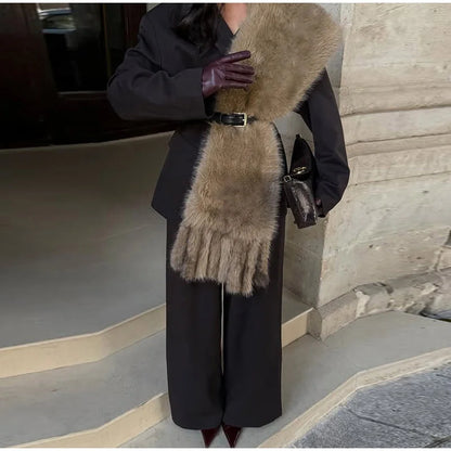 Faux Fur Tassels Scarf for Women Autumn Winter Fluffy Fur Neckerchief 2026 New Lady Luxury Shawl Scarves Clothing Accessories